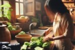 Seorang ibu sedang memotong labu siam di dapur tradisional Jawa, pencahayaan alami dari jendela, suasana pagi hari, detail realistis seperti foto kamera DSLR, warna hangat, latar belakang dapur kayu dengan perabot tradisional.