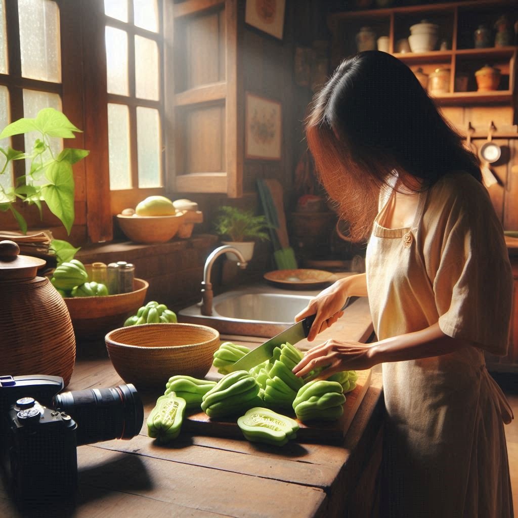 Seorang ibu sedang memotong labu siam di dapur tradisional Jawa, pencahayaan alami dari jendela, suasana pagi hari, detail realistis seperti foto kamera DSLR, warna hangat, latar belakang dapur kayu dengan perabot tradisional.